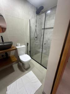 a bathroom with a shower and a toilet and a sink at Suíte 3 Vila dos Pescadores Condomínio Portogalo in Angra dos Reis