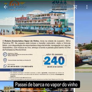 a flyer for a tour of bazarno vilarnovia with a boat at flet para temporadas in Petrolina