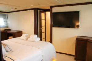 a bedroom with a bed and a flat screen tv at 105 ft Yacht in Mýkonos City +5 photos