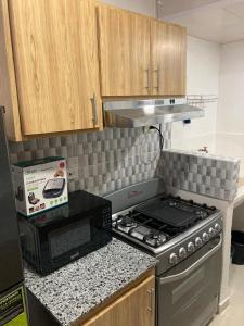 a kitchen with a stove and a box on a counter at Apartmento Xbox WFI TV65 PC Love Relax Work in La Cana