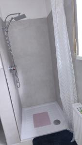 ヘクスターにあるKleine Wohnung Höxterのバスルーム(シャワー、シャワーカーテン付)が備わります。