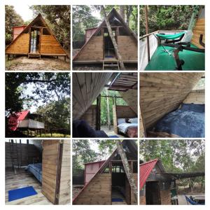 een collage van foto's van een hut in het bos bij Eco Chalets La Ilusión in Quebradanegra