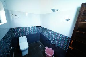 a bathroom with a toilet and blue tiled walls at Trogon resort in Kabini River +21 photos