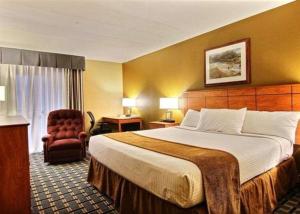 una habitación de hotel con una cama y una silla en Quality Inn Thief River Falls, en Thief River Falls
