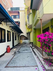 an alley between two buildings with pink flowers at Lilen's Tahara - Entire apartment with private kitchen and bathroom in Kathmandu