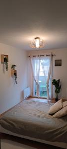 a bedroom with a large bed with a window at Le refuge du Bassin - T2 Charme et confort in Lanton