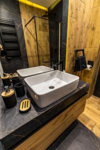 een badkamer met een witte wastafel op een aanrecht bij Exclusive place with underground parking and terrace in Oświęcim +16 foto's