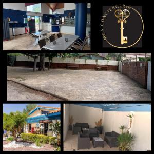 a collage of photos of a house with a key on it at camping les sablines bord de mer in Vendres +2 photos