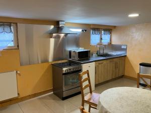a kitchen with a stove and a sink and a table at Gite Le Plessis in Chailles