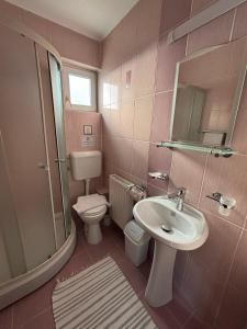 a pink bathroom with a sink and a toilet at Pensiunea Amarilis in Moieciu de Jos