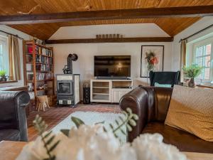 a living room with a couch and a fireplace at Haus Küstersmatt am Deich - Minsen in Minsen