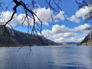 a view of a lake with mountains in the background at Appartement dans maison au calme in Oyonnax