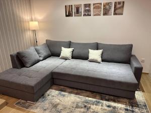 a gray couch with two pillows on it in a living room at Apartamento Murcia San José D in Murcia