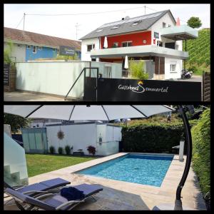 two pictures of a house and a swimming pool at Gästehaus Sommertal, eigener Parkplatz, 800m zum Bodensee, 300m zur Altstadt in Meersburg