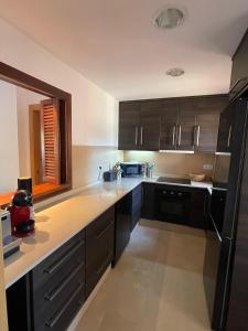 a kitchen with black cabinets and a black refrigerator at El oasis Monaco - 3 chambres in Fuente-Álamo de Murcia