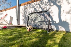 a soccer ball on the grass next to a goal at Villa Luma ZadarVillas in Gorica