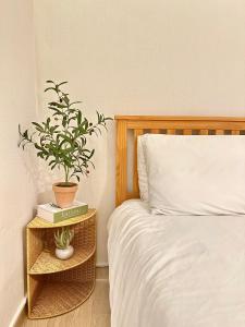 a bedroom with a bed and a plant on a night stand at 갓성비 암사역 도보 Yes24live 암사종합시장 한강공원 KSPO 2룸 2퀸 침대 in Seoul