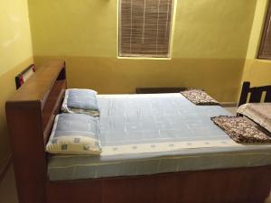 a bed with blue pillows on it in a room at Lilly Vacation Homes - Alibaug in Kīhīm