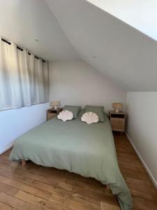a bedroom with a green bed with two pillows at Appartement type T2 Il Giardino Sospeso in Le Creusot