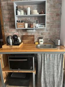 a kitchen counter with a sink and a microwave at Pelini - 3 in Szentendre