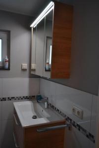 ein Bad mit einem Waschbecken und einem Spiegel in der Unterkunft Loft Apartment Horrem in Kerpen