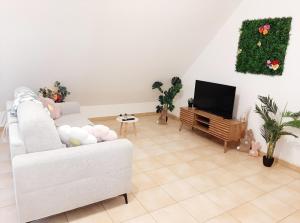 a living room with a white couch and a tv at proche aéroport a pied O fleuri in Tillé