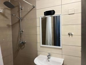 a bathroom with a sink and a mirror at Pension Sara in Magdeburg +22 photos