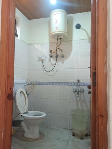 a bathroom with a toilet and a shower with a light at Hotel Cafeteria Roof in Kalpa