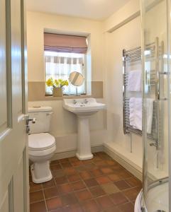 a bathroom with a toilet and a sink and a mirror at The Old School, Idbury, OX7 6RU in Chipping Norton +17 photos