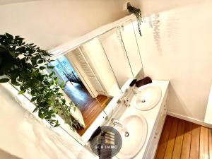 a bathroom with a sink and a toilet with a mirror at Le Viallet - 3 chambres centre ville - Clim-proche gare in Grenoble