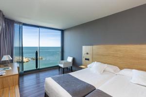 伊斯拉阿斯图酒店的一间带床的卧室，可欣赏海景