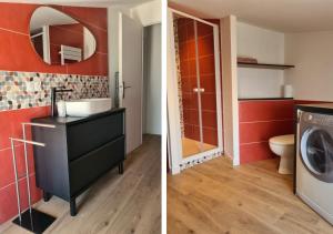 a bathroom with a sink and a washing machine at La maison du vieux bourg in Perrier +13 photos