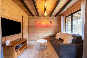 un soggiorno con divano e TV a schermo piatto di Chalet le Fier - Vue montagnes proche d'Annecy a Thônes