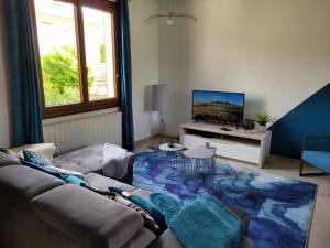 a living room with a couch and a tv at Maison de Charme, proche Paris, Maison Laffitte, gare Sartrouville in Sartrouville