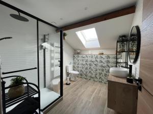 a bathroom with a shower and a sink and a toilet at Appartement type T2 Il Giardino Sospeso in Le Creusot