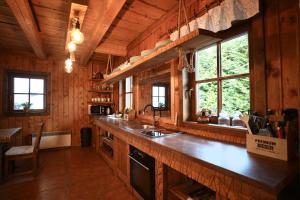 a kitchen with a large counter top in a cabin at Drevenica Tatry No 1 in Liptovský Mikuláš