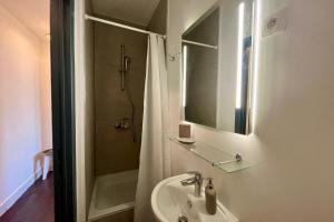 a bathroom with a sink and a shower with a mirror at Rutxhiel - Appartement 3e étage in Liège