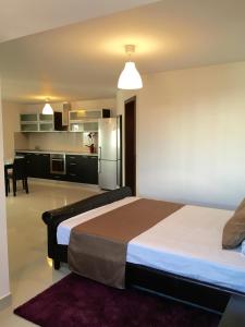 a bedroom with a large bed and a kitchen at Elysium in Bucharest