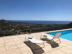 Un patio con dos sillas y una piscina. en Villa Carina, en Tertenìa