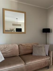 a brown couch in a living room with a mirror at Apartament ELEGANCE in Zamość