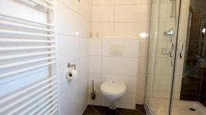 a white bathroom with a toilet and a shower at Chalet 1021 in Nideggen