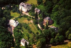 an aerial view of a large house on a hill at Die Malche Gäste und Tagungshaus Villa App 13 in Alaunwerk