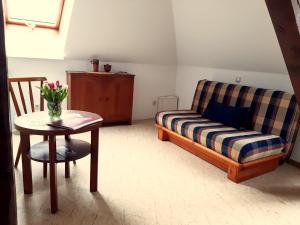 a living room with a couch and a table at Die Malche Gäste und Tagungshaus Villa App 13 in Alaunwerk +21 photos