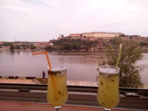 two drinks on a window sill with a view of a river at Recently renovated room with Danube view in Novi Sad +17 photos