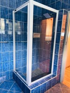 a blue tiled shower with a glass door at Josys Place in Bulawayo