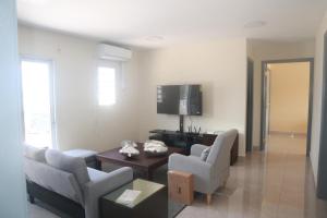 菲利普斯堡Panoramic Ocean View Flat-St Maarten的带沙发、椅子和电视的客厅