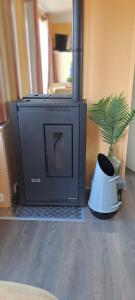 un televisor sentado en el suelo junto a una maceta en Vakantie bij 17, en Serooskerke