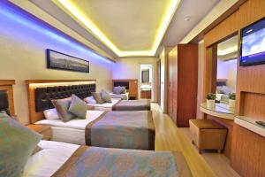 イスタンブールにあるHotel Resitpasa Istanbulのベッド3台、薄型テレビが備わるホテルルームです。
