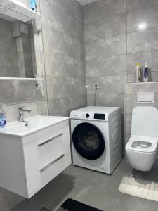 a washing machine in a bathroom next to a toilet at Dora Apartman in Trebinje