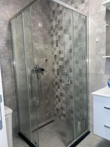 a shower with a glass door in a bathroom at Dora Apartman in Trebinje +7 photos
